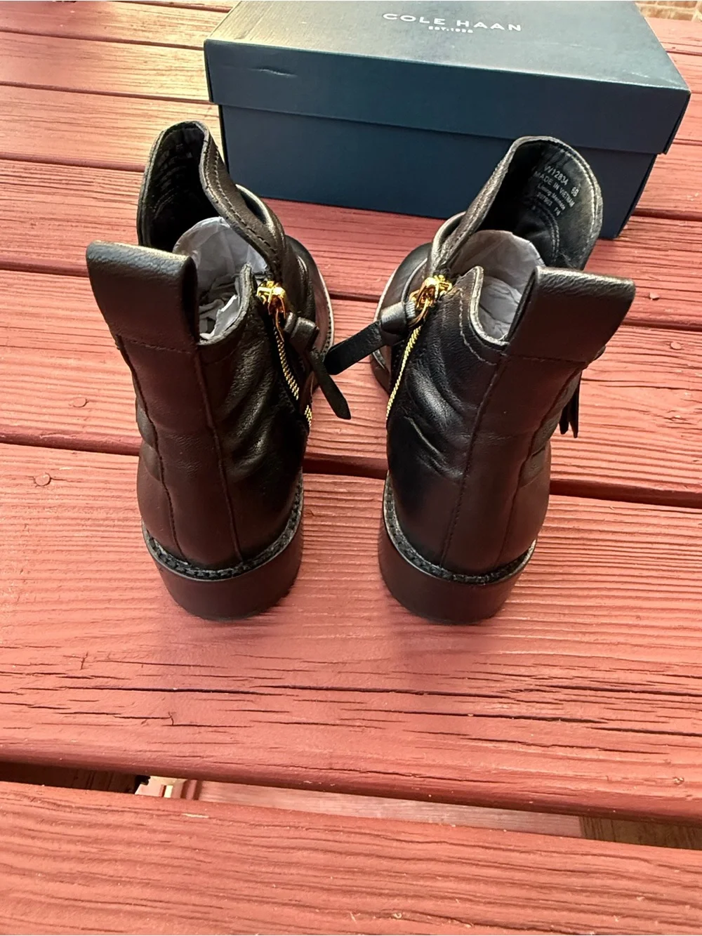 Cole Haan Black Leather Ankle Boots with Gold Zippers